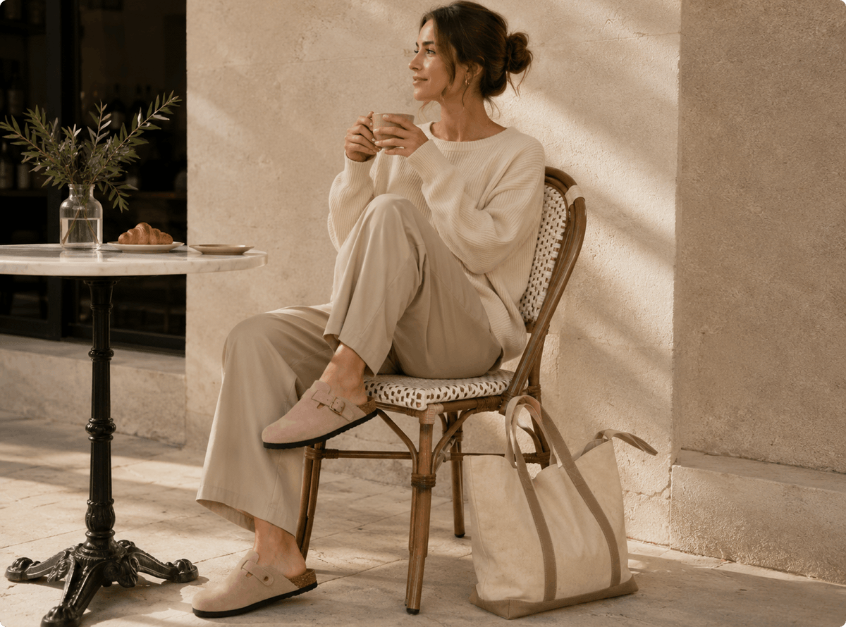 Mulher sentada em um cafe ao ar livre usando os clogs Qomfrt